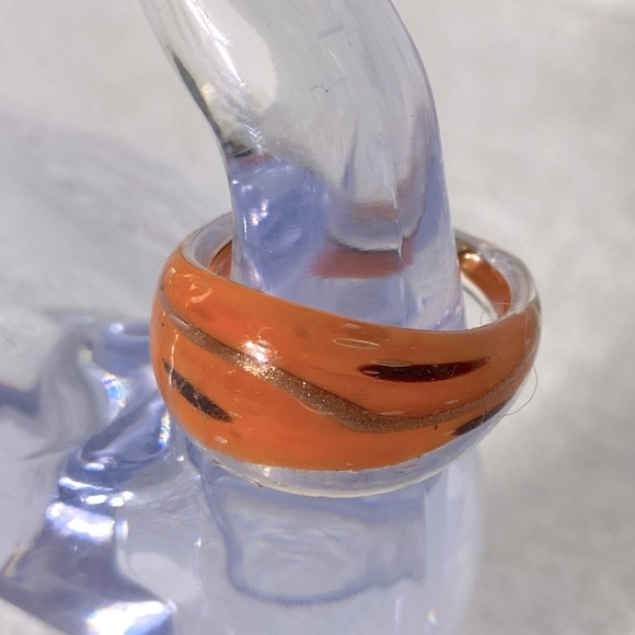 Vintage Art Glass Handmade Orange Black Gold Band Ring - Picture 2 of 11